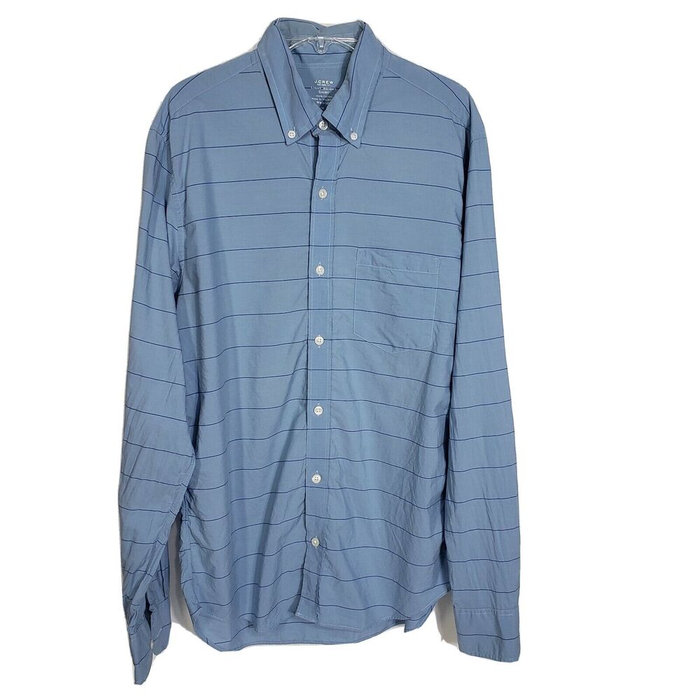 J Crew Mens Shirt Medium Blue Striped Button Pocket Long Sleeve Slim Fit Lightwe